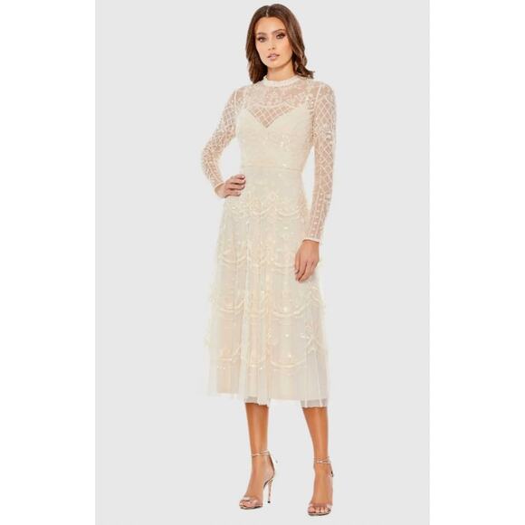 Mac Duggal Dresses & Skirts - Mac Duggal Sequined Illusion High Neck Long Sleeve Midi Dress Cream 20